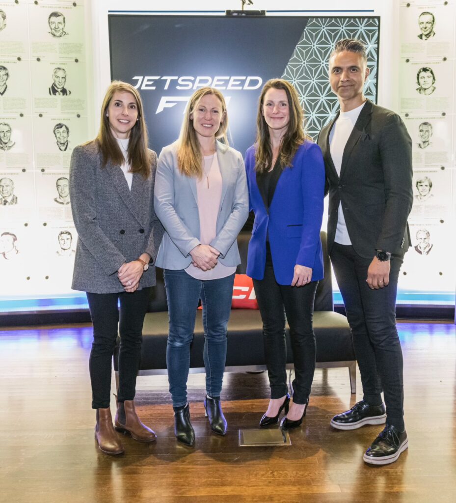 Caption for the Picture: Left to right: Chelsea Durcell, Sr Director of Corporate Partnerships for the PWHL, and Jayna Hefford, SVP of Hockey Operations for the PWHL, along with Catherine Ward, VP of Product Commercialization and Innovation for CCM, and Marrouane Nabih, CEO of CCM