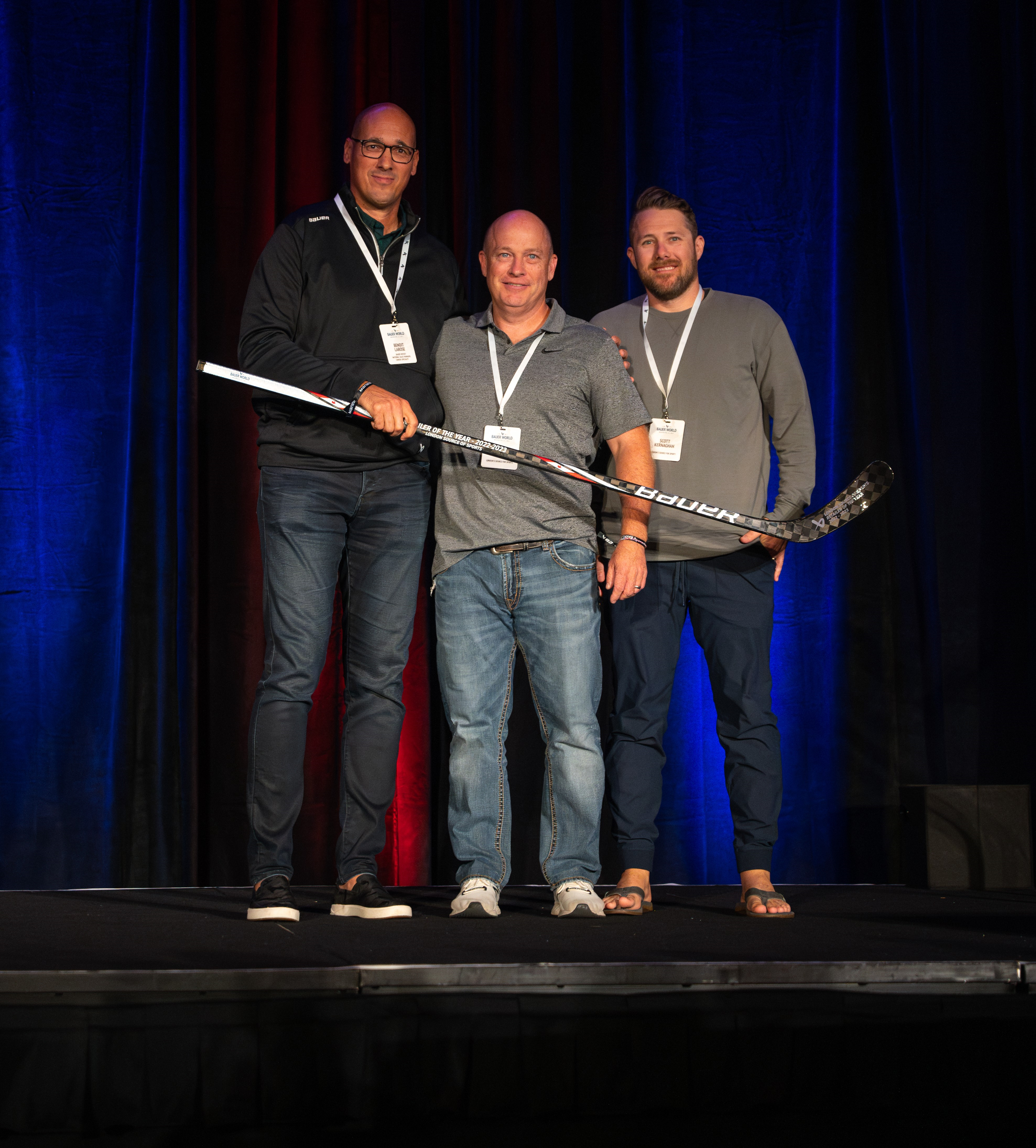 Photo left to right: Benoit Larose, National Sales Manager - Canada Specialty, Bauer Hockey, Mike Wanlin, Source for Sports, London, Scott Kernaghan, Source for Sports, London